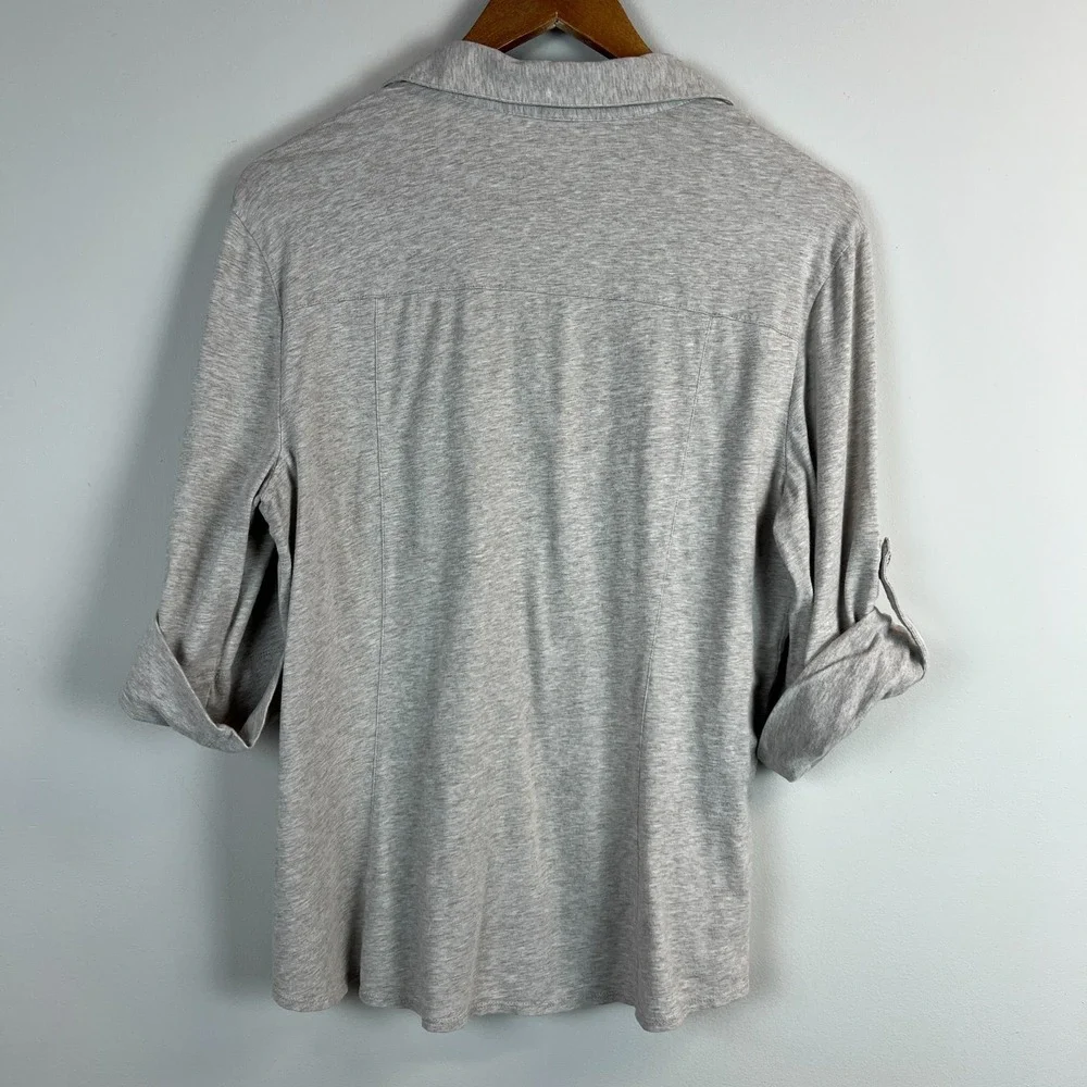 Lafayette 148 Top Womens XL Beige 3/4 Roll Tap Button Up Collared V-Neck Cotton - Picture 7 of 11